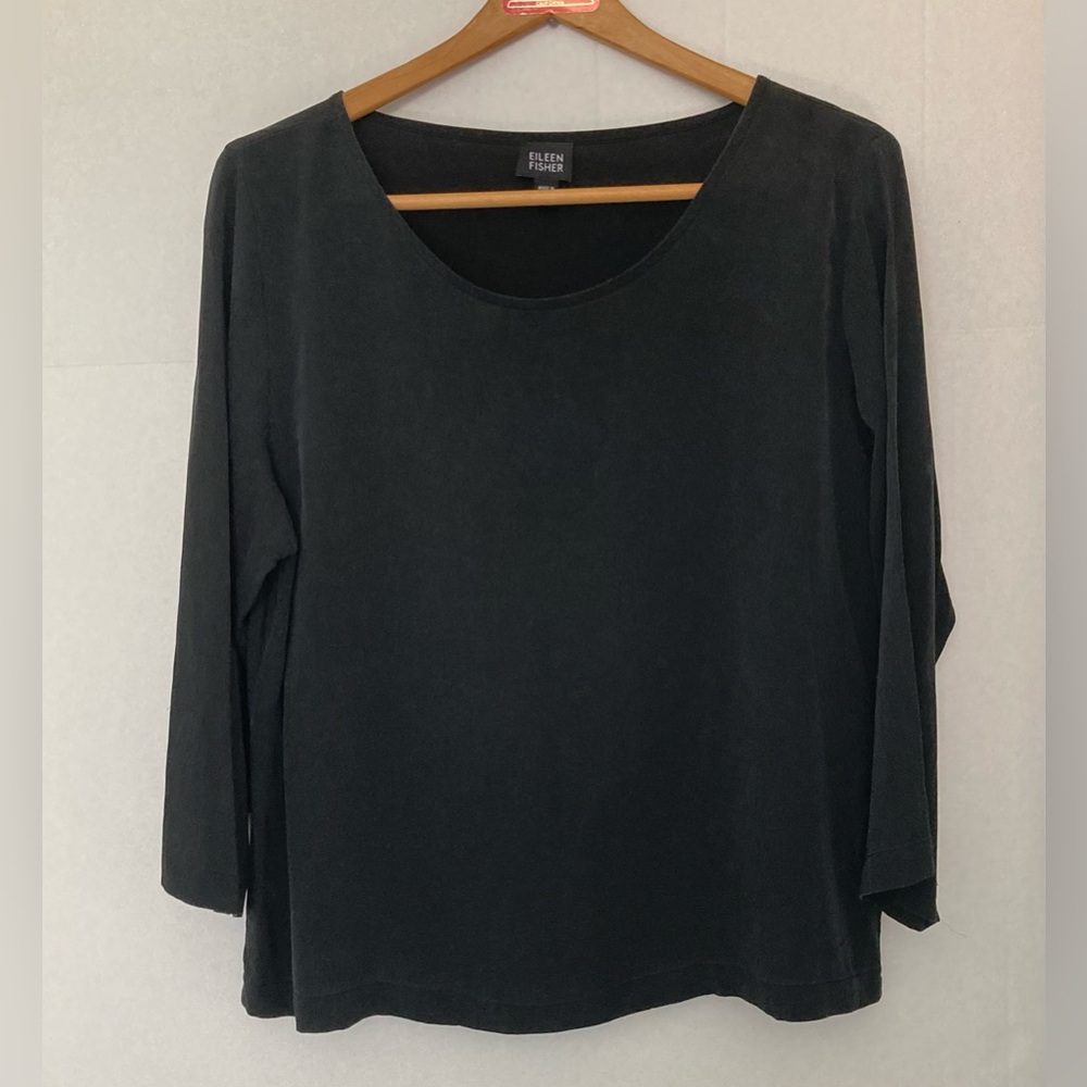 Eileen Fisher EUC Size Medium Black Stretch Silk 3/4 Sleeve Top